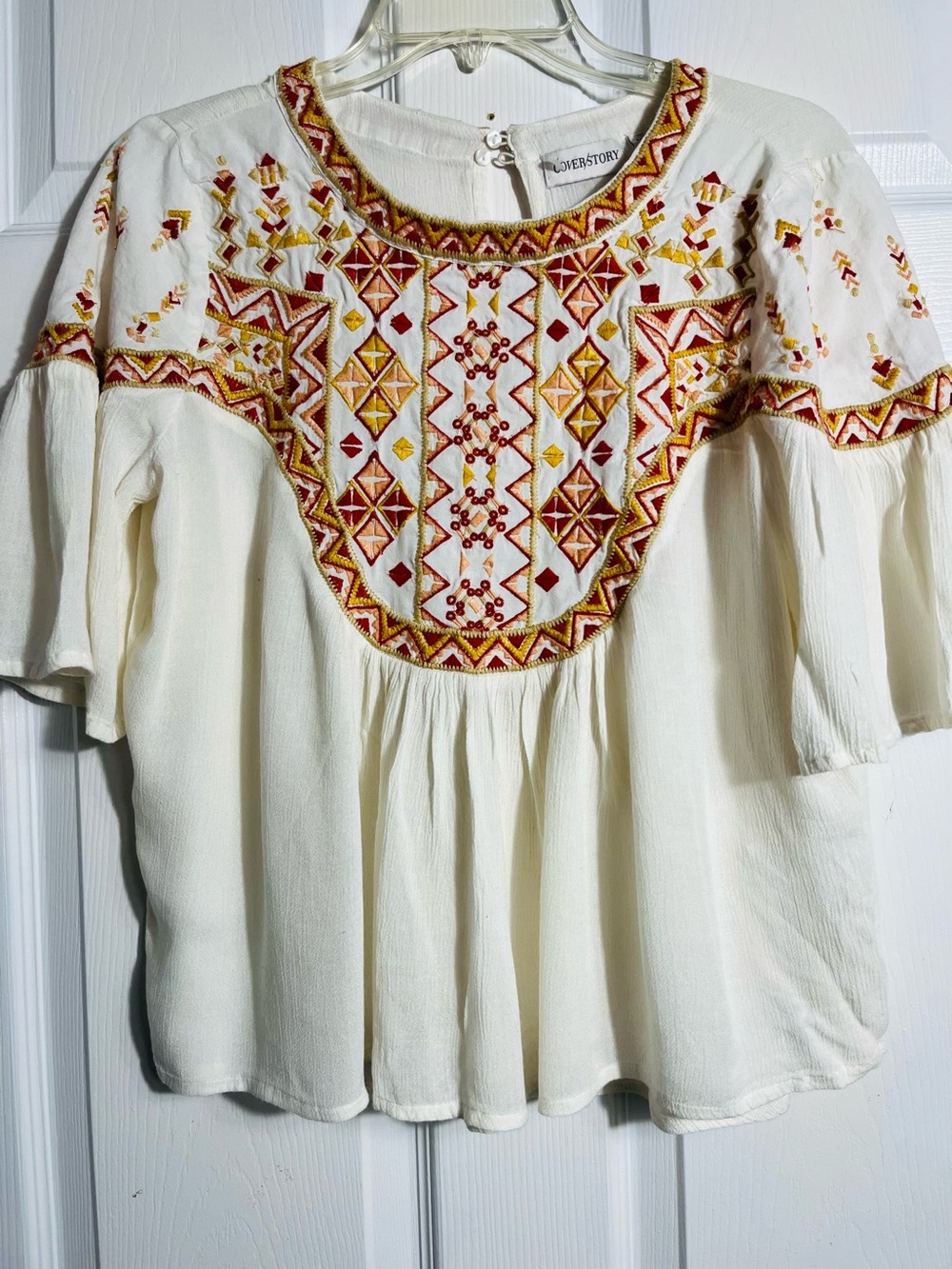 Cover Story Ivory Embroidered Boho Tunic with Red & Gold Motif M